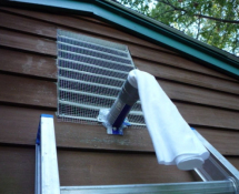 Bat entry point through a louvre vent in a home in Tewksbury Ma. The vent was screened and a one-way check valve was installed to evict the bats.