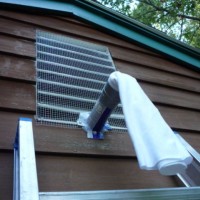 Bat entry point through a louvre vent in a home in Tewksbury Ma. The vent was screened and a one-way check valve was installed to evict the bats. Bats 5